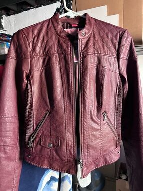 Quilted Faux Leather Biker Jacket - Wine